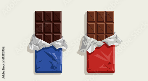 Two delicious chocolate bars unwrapped revealing their rich dark and milk chocolate squares