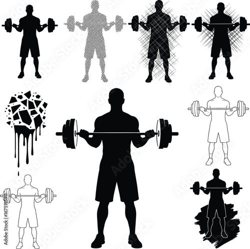 fitness, gym, workout, barbell, lifting, strength, training, silhouette, vector, muscle, power, exercise, man, weights, bodybuilding