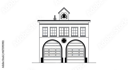 Two-Story Fire Station with Arched Garage Doors and Bell Tower.