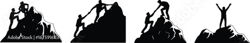 a Mountain climbing vector silhouettes, team helping on peak, success and adventure concept, teamwork on summit, hiking silhouettes, outdoor achievement illustration