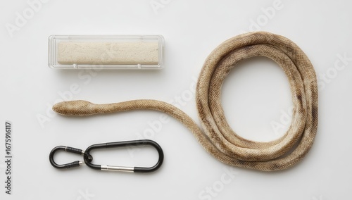 A light beige rectangular block in a clear plastic container, a coiled brown cord, and a black carabiner