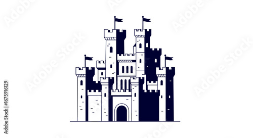 A majestic medieval fortress stands tall against a white background displaying its intricate architecture and proud flags