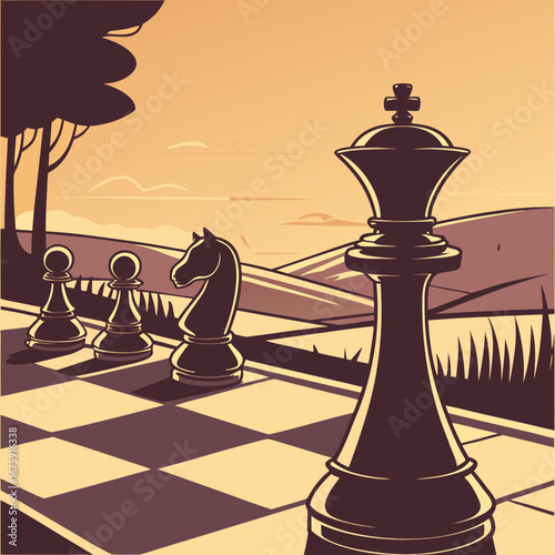 Strategic Chess Game at Sunset - Black Chess Pieces on Reflective Board (Vector Art)