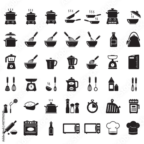Kitchen Utensils and Cooking Equipment Black Silhouette Icons Vector Illustration Comprehensive Set for Culinary Design and Menu Creation Featuring Pots Pans and Various Accessories