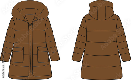 Brown winter padded puffer jacket vector, front and back view, fashion illustration, insulated coat with hood, flat sketch, outerwear design