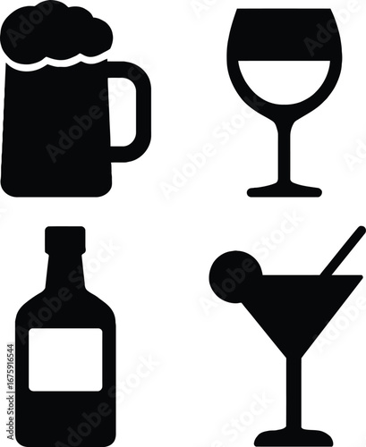 Vector icons of beer wine bottle and cocktail for bar pub restaurant and alcohol related designs usage