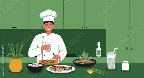 Chef in a Green Kitchen Preparing a Meal with Delicious Food and Drinks on the Countertop