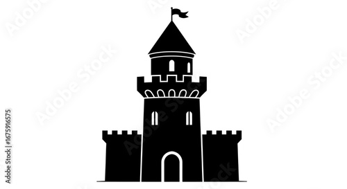 Silhouette of a Medieval Castle Tower with Flag.