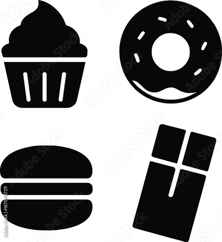 Sweet treats vector illustration: cupcake, donut, macaron, chocolate bar icons for dessert lovers design