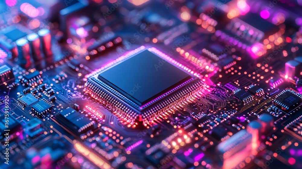 Close up of a computer chip on a circuit board illuminated with pink and blue lights showing details Close up of a computer chip on a circuit board illuminated with pink and blue lights showing details