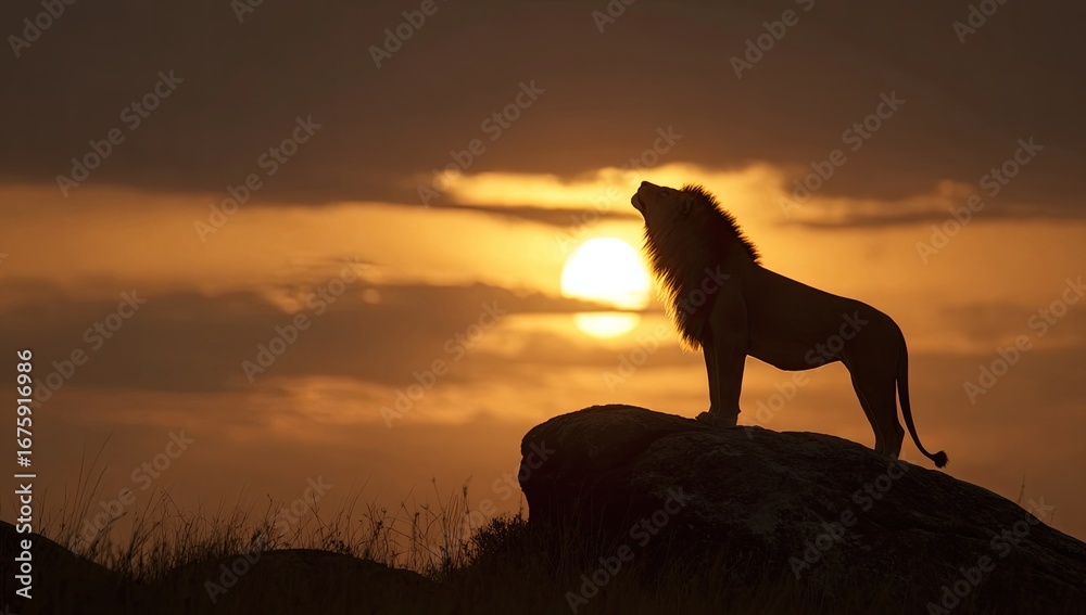 Fototapeta premium Majestic lion silhouette at sunset