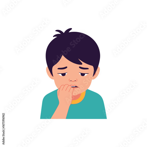 Anxious Boy: An animated boy in teal shirt looks concerned, with hand raised to his mouth, suggesting a state of worry or anxiety.