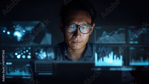Focused man working late at night, surrounded by glowing digital data displays