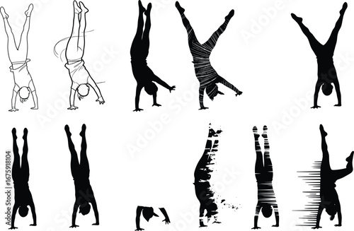 Handstand silhouette vector collection of men performing acrobatic poses in various artistic styles for fitness, sport, and movement illustrations.