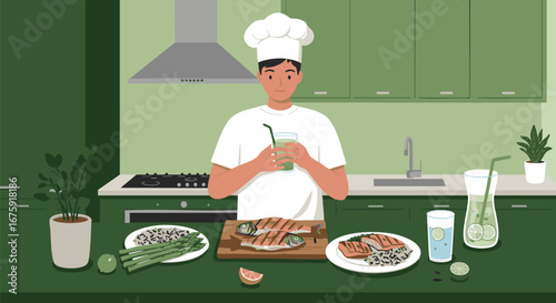 Male chef presenting a balanced meal of grilled salmon, asparagus, and a green smoothie in a stylish modern kitchen
