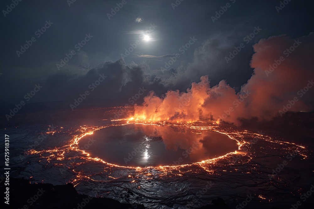 Fototapeta premium Volcanic crater lake ablaze at night. Molten lava surrounds a dark lake, illuminated by fiery orange glow. Full moon above clouds