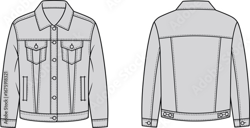 Denim jacket vector illustration, front and back views, casual men’s outerwear design, classic jean jacket template, fashion apparel, detailed garment drawing