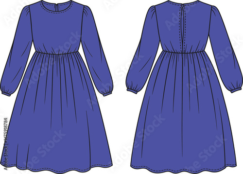 Long sleeve gathered waist dress fashion flat, front and back view, girls’ modest dress vector illustration, detailed technical clothing sketch