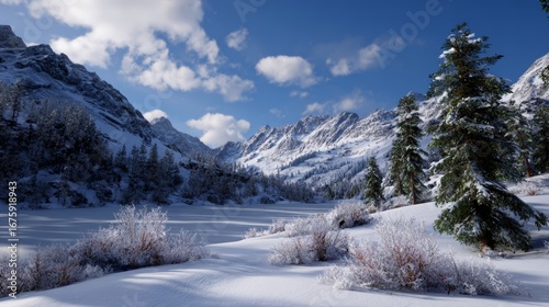 Wallpaper Mural Snowy mountain landscape with pine trees and clear blue sky. Torontodigital.ca