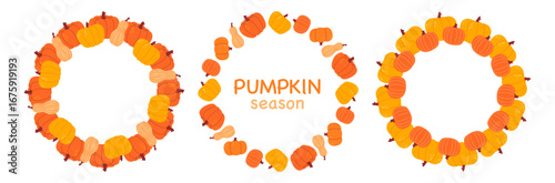 Pumpkin circle frame. Round autumn border. Autumnal wreath. Flat Vector illustration isolated on white background