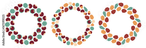 Fall chestnut, acorn, nuts, cones circle frame. Round autumn border. Autumnal wreath. Flat Vector illustration isolated on white background