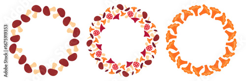 Mushroom circle frame. Round autumn border. Autumnal wreath with edible and poisonous mushrooms, chanterelles, porcini mushroom, fly agarics. Flat Vector illustration isolated on white background