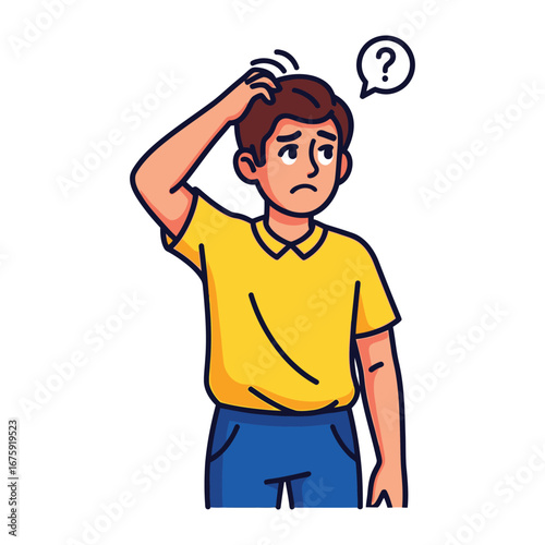 Puzzled Expression: A person with an expression of confusion, head in hand, with a thought bubble above symbolizing uncertainty.