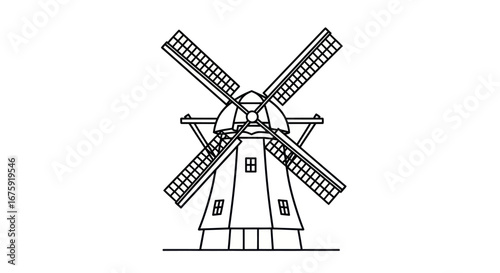 A simple black and white line art illustration of a traditional Dutch windmill with four sails.