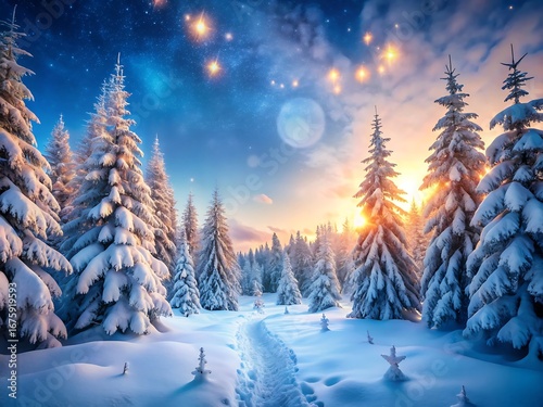 Fototapeta Naklejka Na Ścianę i Meble -  Magical winter landscape with snowcovered trees and a path leading into the serene, sunlit forest