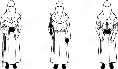 The White-robed Penitent - Anonymous Person in White Robe Holding Ritual Candle Isolated on White Background, Vector Illustration
