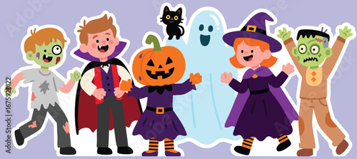Spooky Halloween fun with kids dressed in cute costumes ready for trick or treating adventure