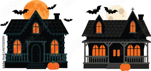 Spooky haunted houses with bats flying under the moonlight for your Halloween season projects now