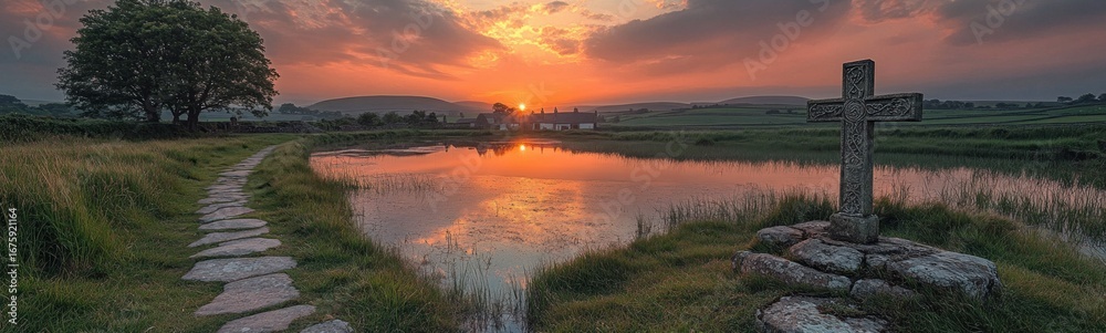 Obraz premium Sunset over a small lake with a stone path leading to a cross banner
