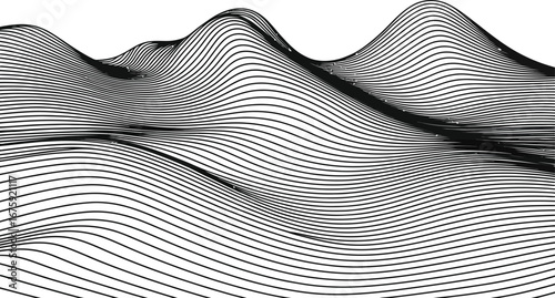Textile art with wavy stripes, a black and white fashion fabric, and a bed with pillows