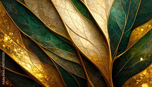 Intricate, layered leaves in gold and teal