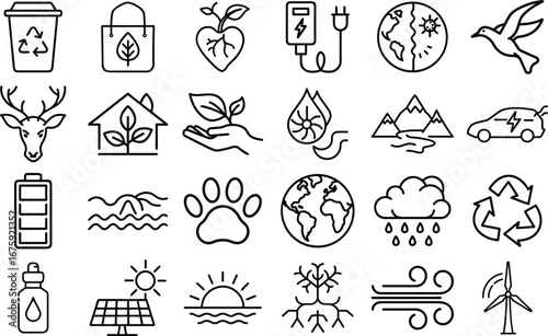 Collection of hand drawn icons representing nature and environmental conservation