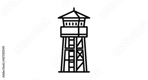 Black Line Art Watchtower Icon for Security Observation.