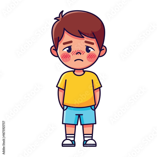Sad Young Boy: A digitally-rendered illustration of a dejected young boy, shoulders slumped, capturing a moment of childhood melancholy with vibrant colors.