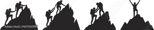 Mountain climbing vector silhouettes, team helping on peak, success and adventure concept, teamwork on summit, hiking silhouettes, outdoor achievement illustration