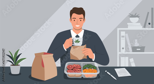 Happy professional man at his workplace eating a balanced diet meal from a container and holding a cannabis mug