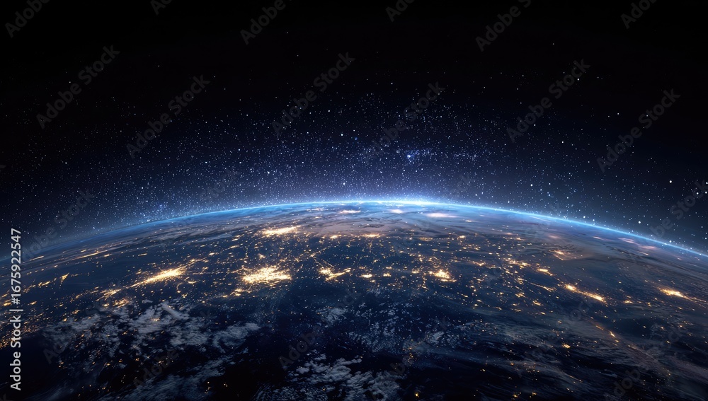 Obraz premium Earth from space, night. Vast expanse of dark space, dotted with stars. Earth's surface, lit by city lights, appears as a glowing band around the horizon. Clouds are visible