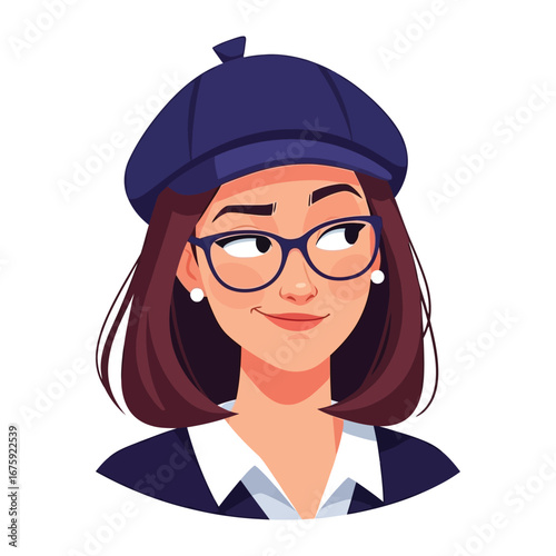 Intrigued Intellectual: A young woman of intellect, clad in a stylish cap and spectacles, gazes with a charmingly inquisitive expression, her face radiating curiosity. 