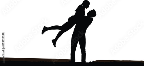 Romantic couple silhouette vector illustration, man lifting woman, love and relationship concept, outdoor dating scene, black and white graphic artwork