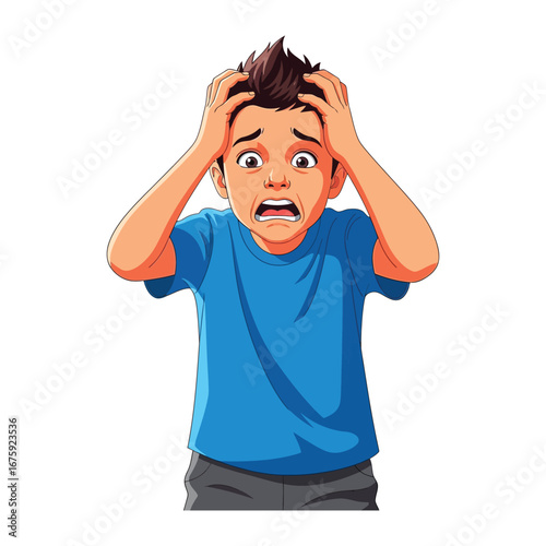 Overwhelmed by worry: The expressive illustration captures the palpable intensity of panic, with a young boy's hands clutched tightly to his head, eyes wide with fear.