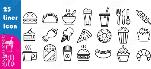Set of 25 food and dining line icons, minimalist restaurant and kitchen symbols, utensils, dishes, glasses, chef hat, cart, cloche, and menu vector design