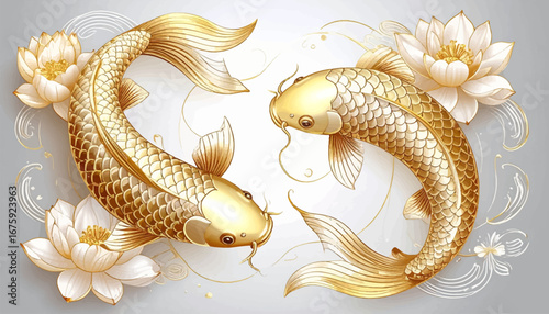 Koi fish with lotus and flowing lines. Minimalist golden koi fish illustration. Artistic koi fish with swirling waves. Koi fish in elegant Japanese style. Gold koi fish swimming in harmony