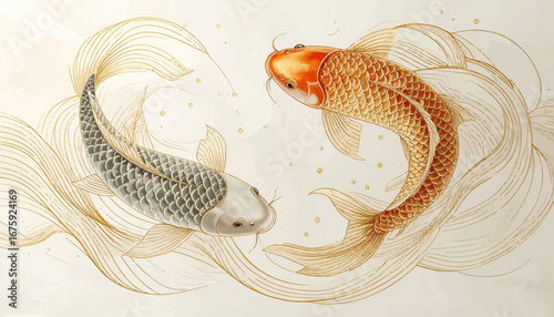 Elegant Koi Fish Art in Motion. Peaceful Swimming Koi Fish Illustration. Serene Koi Fish with Flowing Fins. Beautiful Gold and White Koi Fish. Artistic Koi Fish Swimming Together
