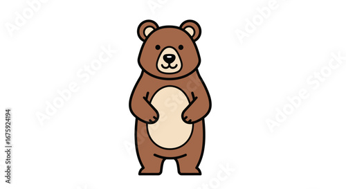Cartoon Brown Bear Standing Upright with Paws at Belly.
