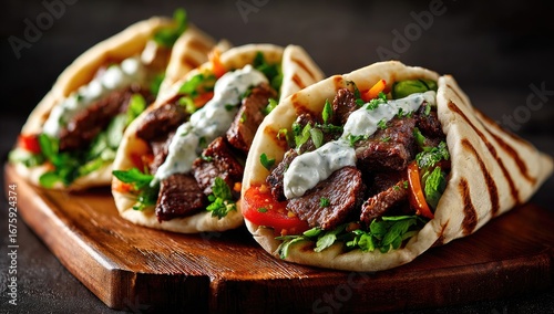 Three gyros wraps, showcasing grilled meat, vegetables, and a creamy sauce, sit on a wooden board