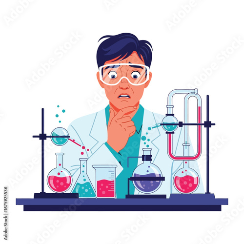 The Scientist's Dilemma: A concerned scientist, caught in the intensity of scientific exploration, gazes upon beakers of bubbling chemical concoctions, deep in thought.